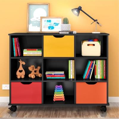 Conjunto Nicho Organizador Zuri 9 Espaços Com Rodízios Preto + Kit 3 Gavetas Coloridas