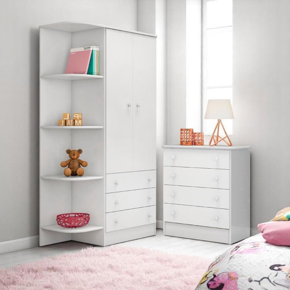Conjunto Aurora Branco-branco: Cômoda Aurora 4 Gaveteiros + Guarda-roupa Aurora 2 Portas - 1