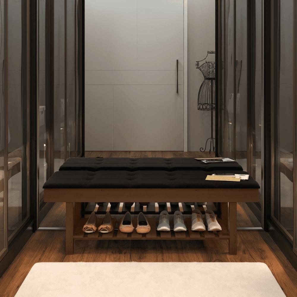 Banco Em Madeira Almofadado Com Sapateira Preto - 4