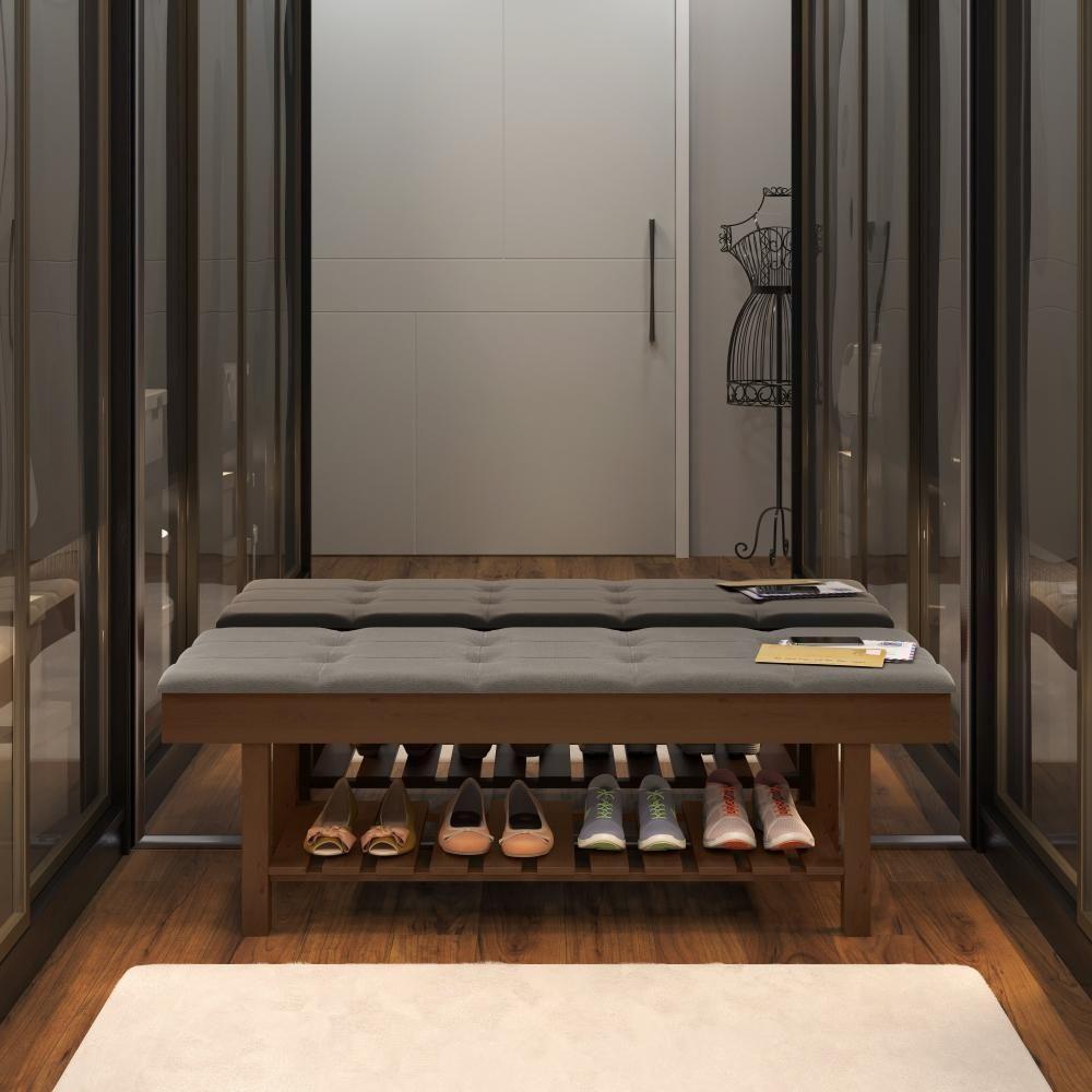 Banco Em Madeira Almofadado Com Sapateira Cinza Pena - 2