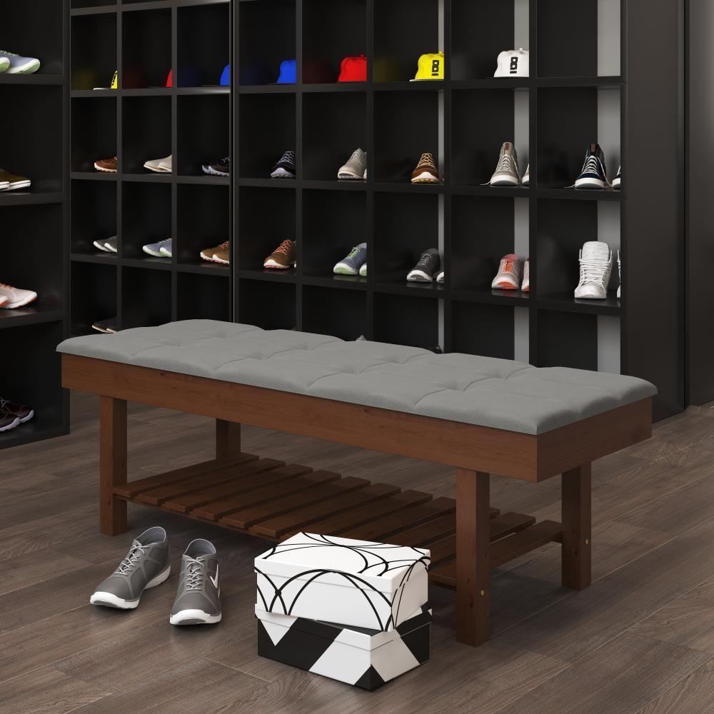 Banco Em Madeira Almofadado Com Sapateira Cinza Pena - 3