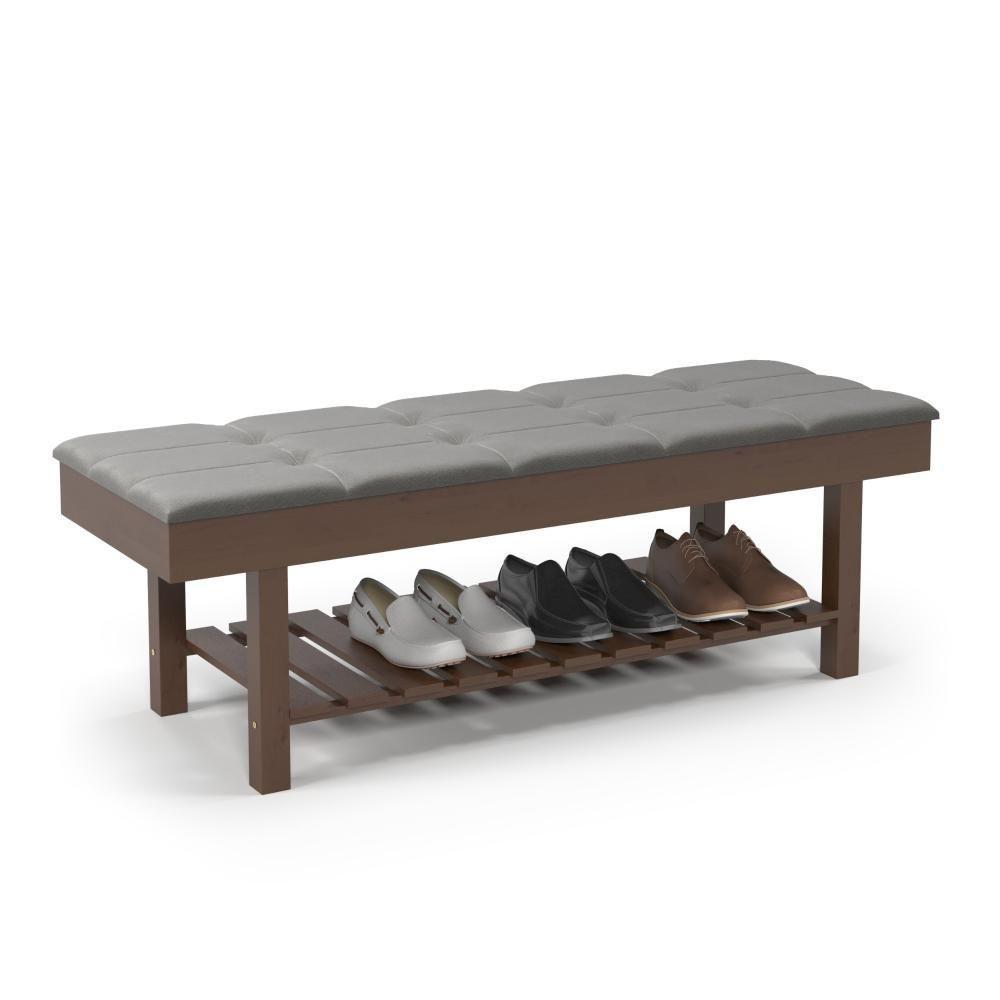 Banco Em Madeira Almofadado Com Sapateira Cinza Pena - 4