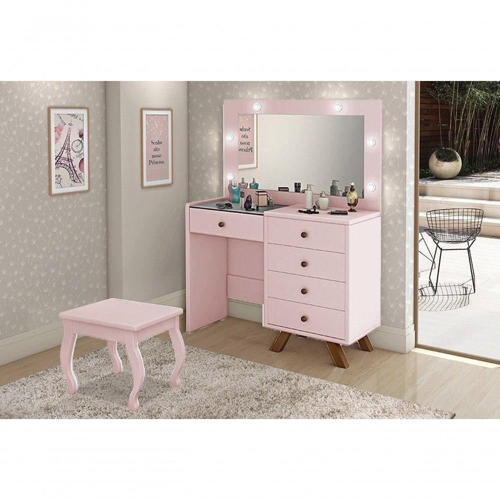 Penteadeira Camarim Com Espelho, Led E Banqueta Luna Rosê - Luapa - 1