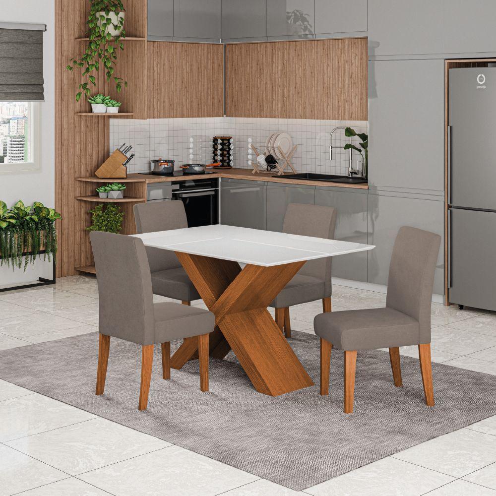 Conjunto De Mesa Sala De Jantar Tampo Com Vidro 1,36m Grécia 4 Cadeiras Trieste Dobuê Madeirado Mascavo - 2