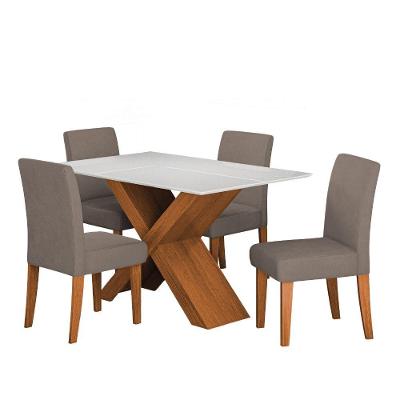 Conjunto de Mesa Jantar Grécia 4 Lugares Tampo MDF com Vidro Temperado Amadeirado 136cm