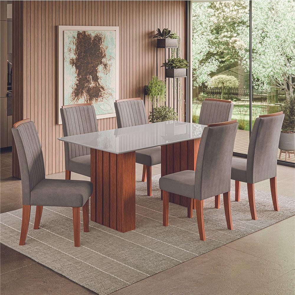 Conjunto De Mesa Sala De Jantar Ripada Tampo Com Vidro Santiago 1,60m 6 Cadeiras Grécia Dobuê Madeirado/mascavo - 2