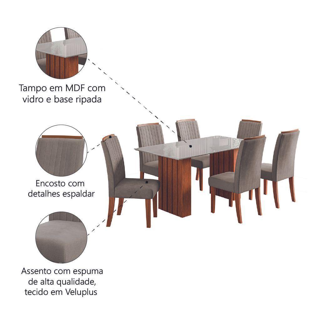 Conjunto De Mesa Sala De Jantar Ripada Tampo Com Vidro Santiago 1,60m 6 Cadeiras Grécia Dobuê Madeirado/mascavo - 5