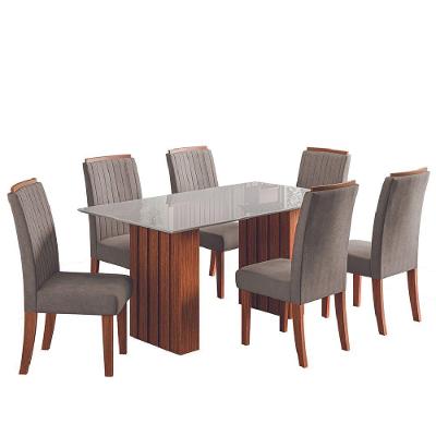Conjunto De Mesa Sala De Jantar Ripada Tampo Com Vidro Santiago 1,60m 6 Cadeiras Grécia Dobuê Madeirado/mascavo