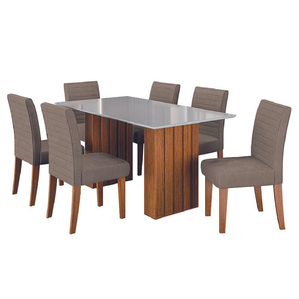 Conjunto De Mesa Sala De Jantar Ripada Tampo Com Vidro Santiago 1,60m 6 Cadeiras Creta Dobuê Madeirado Mascavo - 2