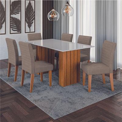 Conjunto De Mesa Sala De Jantar Ripada Tampo Com Vidro Santiago 1,60m 6 Cadeiras Creta Dobuê Madeirado Mascavo