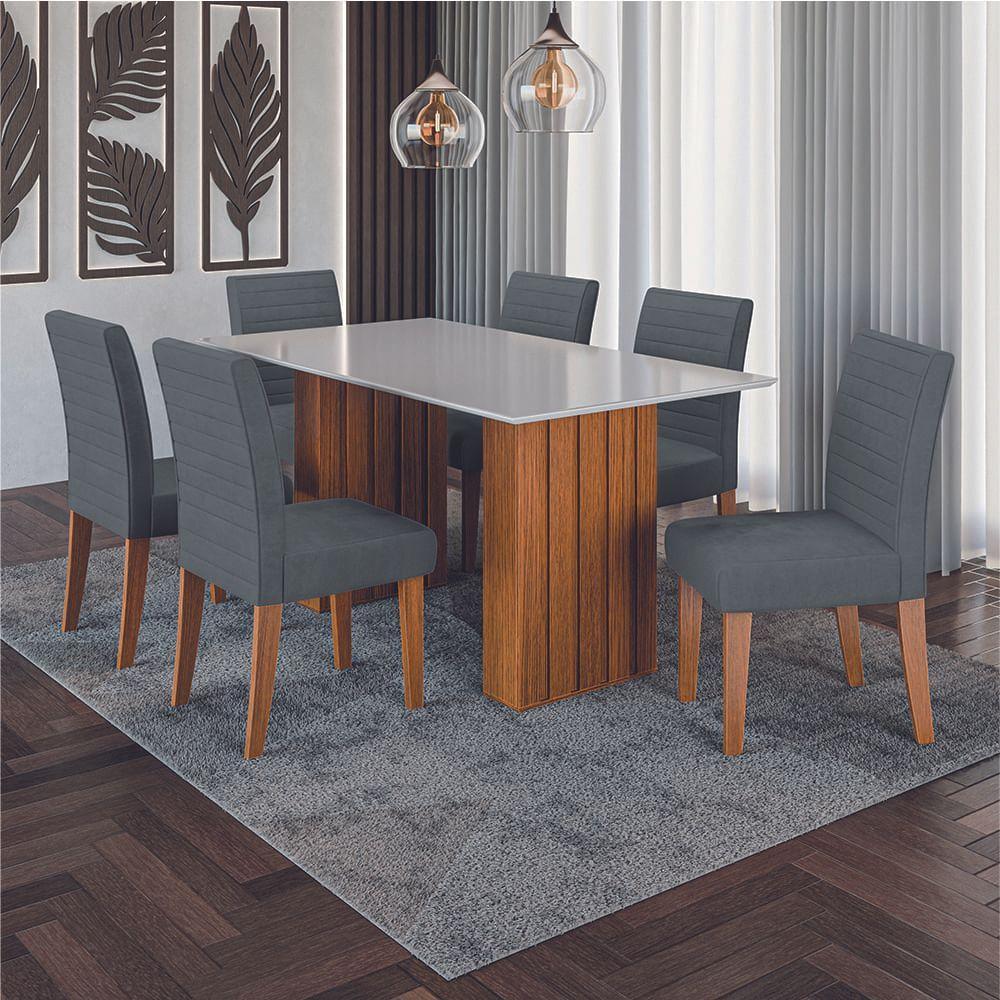 Conjunto De Mesa Sala De Jantar Ripada Tampo Com Vidro Santiago 1,60m 6 Cadeiras Creta Dobuê Madeirado Grafite - 1