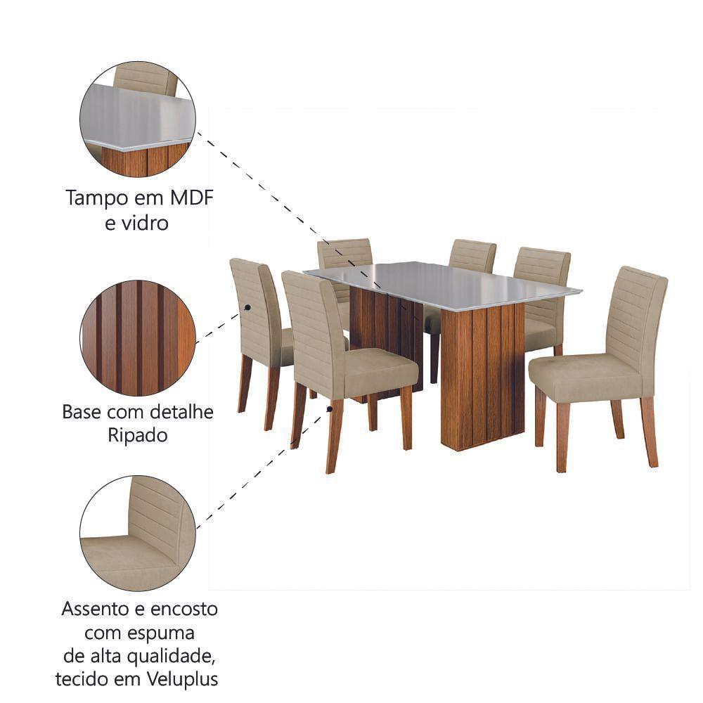 Conjunto De Mesa Sala De Jantar Ripada Tampo Com Vidro Santiago 1,60m 6 Cadeiras Creta Dobuê Madeirado / Bege - 5