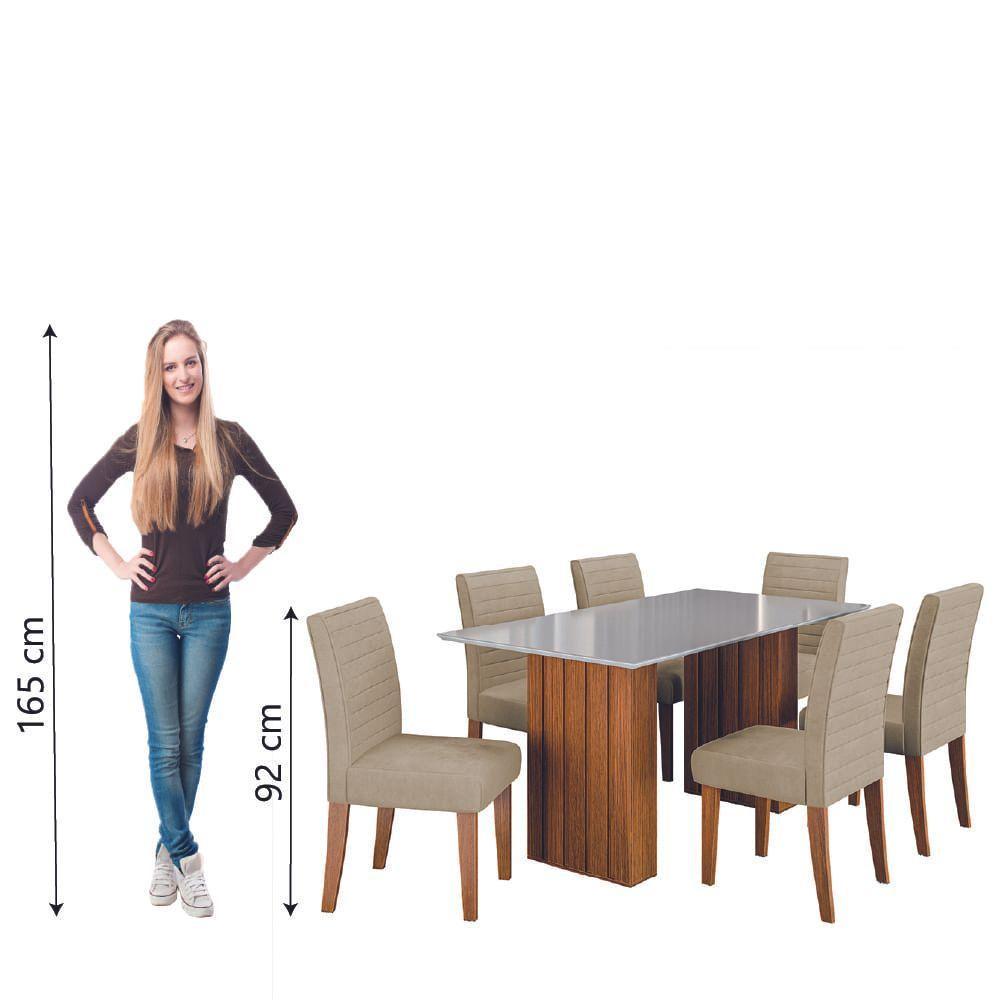 Conjunto De Mesa Sala De Jantar Ripada Tampo Com Vidro Santiago 1,60m 6 Cadeiras Creta Dobuê Madeirado / Bege - 7