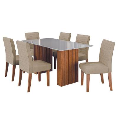 Conjunto De Mesa Sala De Jantar Ripada Tampo Com Vidro Santiago 1,60m 6 Cadeiras Creta Dobuê Madeirado / Bege