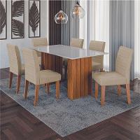 Conjunto De Mesa Sala De Jantar Ripada Tampo Com Vidro Santiago 1,60m 6 Cadeiras Creta Dobuê Madeirado / Bege - 2
