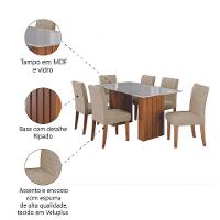 Conjunto De Mesa Sala De Jantar Ripada Tampo Com Vidro Santiago 1,60m 6 Cadeiras Creta Dobuê Madeirado / Bege - 5