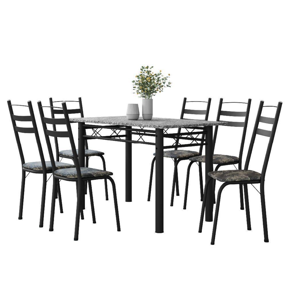 Conjunto De Mesa Sala De Jantar Leia Com 6 Cadeiras Tubular Granito 1,40m Artefamol Preto/Flor - 1