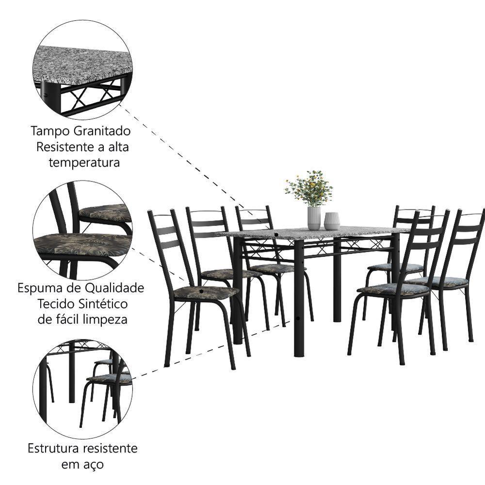 Conjunto De Mesa Sala De Jantar Leia Com 6 Cadeiras Tubular Granito 1,40m Artefamol Preto/Flor - 5