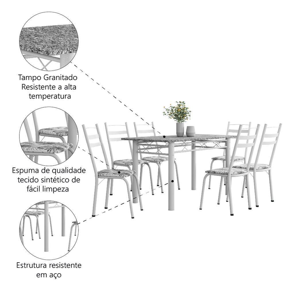 Conjunto De Mesa Sala De Jantar Leia Com 6 Cadeiras Tubular Granito 1,40m Artefamol Branco Flor - 5