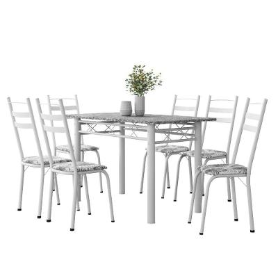 Conjunto De Mesa Sala De Jantar Leia Com 6 Cadeiras Tubular Granito 1,40m Artefamol Branco Flor