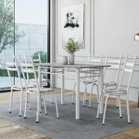 Conjunto De Mesa Sala De Jantar Leia Com 6 Cadeiras Tubular Granito 1,40m Artefamol Branco Flor - 2
