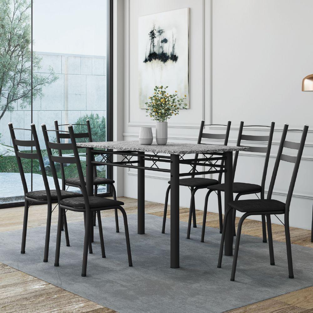 Conjunto De Mesa Sala De Jantar Leia Com 6 Cadeiras Tubular Granito 1,40m Artefamol Preto - 2