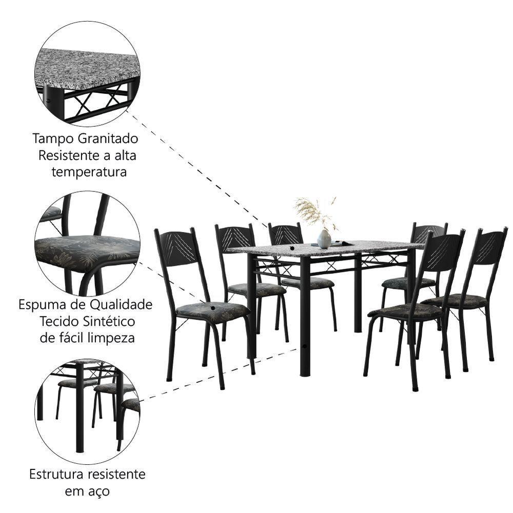 Conjunto De Mesa Sala De Jantar Sara Com 6 Cadeiras Tubular Granito 1,40m Artefamol Preto/flor - 5