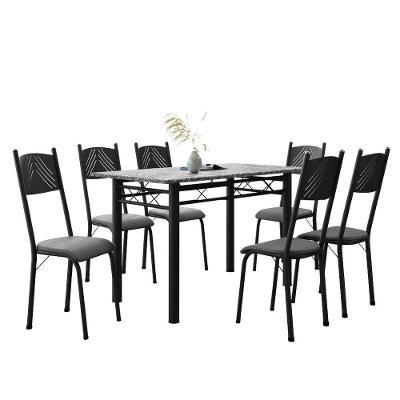 Conjunto De Mesa Sala De Jantar Sara Com 6 Cadeiras Tubular Granito 1,40m Artefamol Preto/Platina