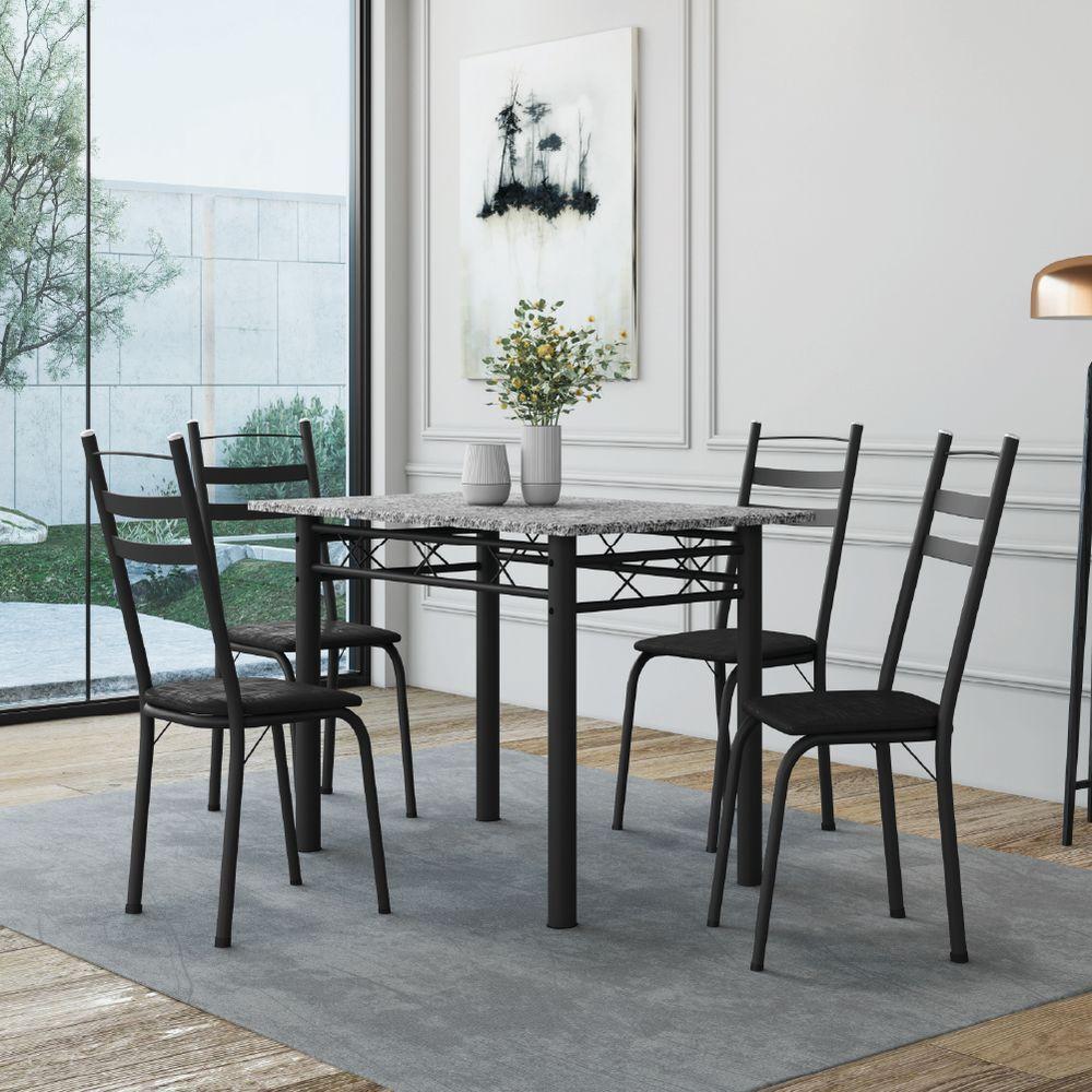 Conjunto De Mesa Sala De Jantar Com 4 Cadeiras Leia Tubular Granito 1,20m Artefamol Preto - 2