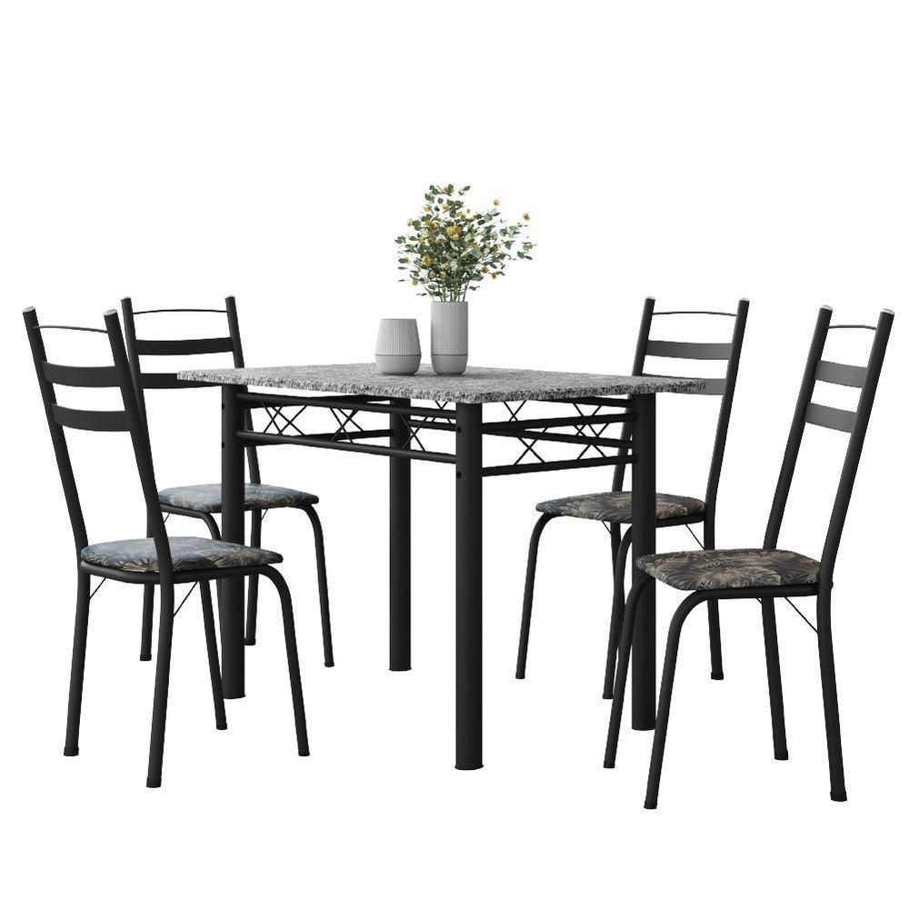 Conjunto De Mesa Sala De Jantar Com 4 Cadeiras Leia Tubular Granito 1,20m Artefamol Preto/flor - 1
