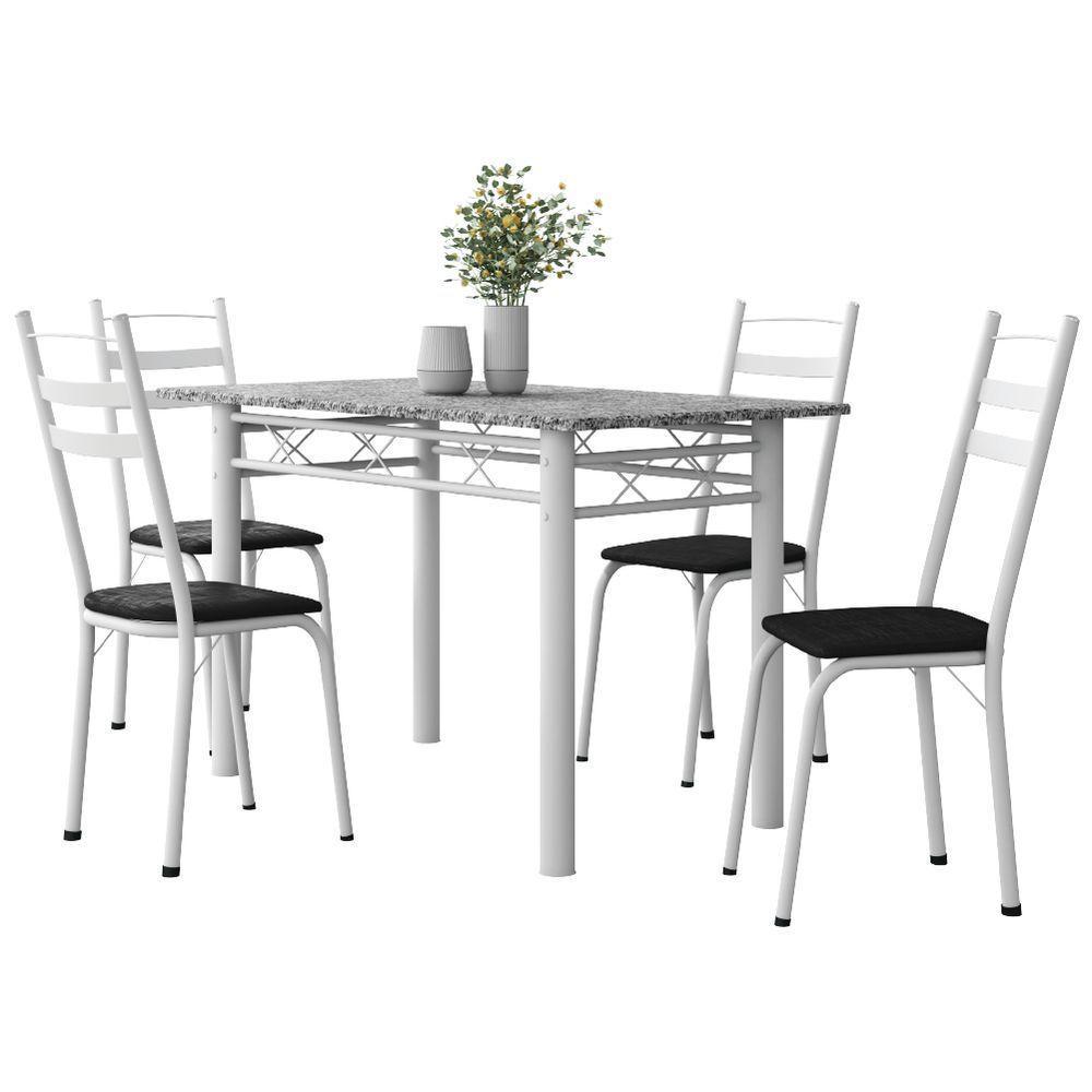 Conjunto De Mesa Sala De Jantar Com 4 Cadeiras Leia Tubular Granito 1,20m Artefamol Branco / Preto - 1
