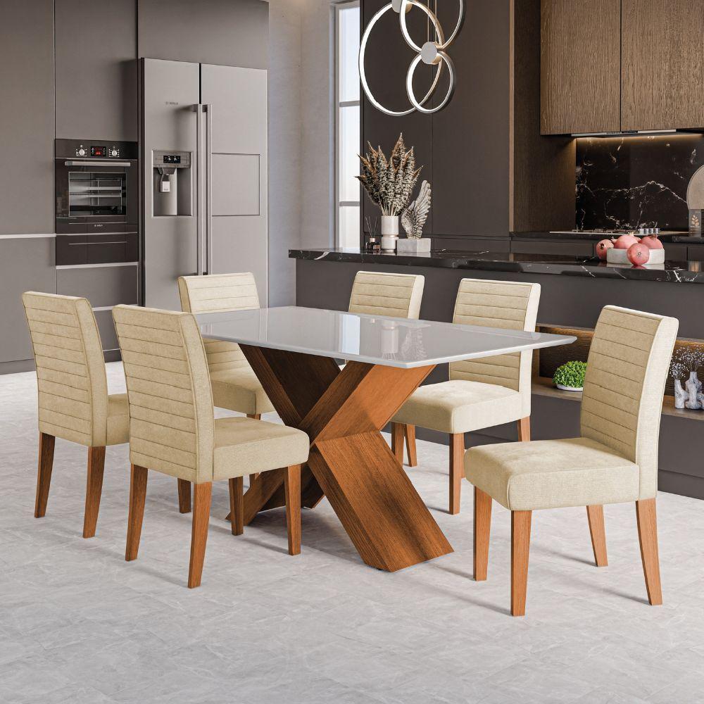 Conjunto De Mesa Sala De Jantar Tampo Com Vidro 1,60m Grécia 6 Cadeiras Creta Dobuê Madeirado / Bege - 2