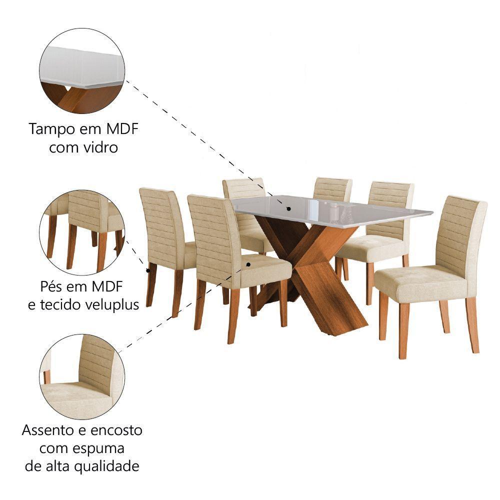 Conjunto De Mesa Sala De Jantar Tampo Com Vidro 1,60m Grécia 6 Cadeiras Creta Dobuê Madeirado / Bege - 5
