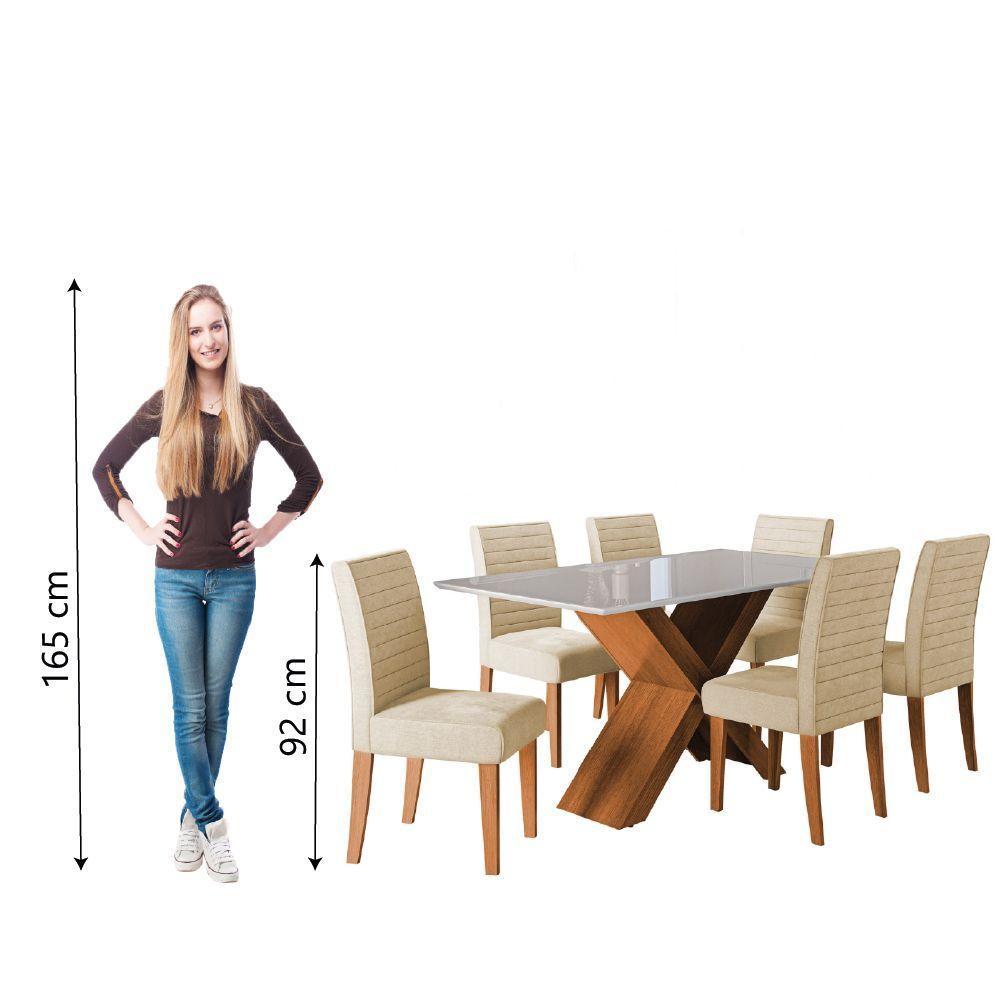 Conjunto De Mesa Sala De Jantar Tampo Com Vidro 1,60m Grécia 6 Cadeiras Creta Dobuê Madeirado / Bege - 6