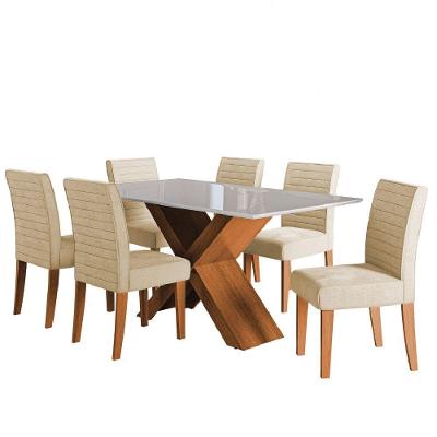 Conjunto De Mesa Sala De Jantar Tampo Com Vidro 1,60m Grécia 6 Cadeiras Creta Dobuê Madeirado / Bege