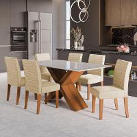 Conjunto De Mesa Sala De Jantar Tampo Com Vidro 1,60m Grécia 6 Cadeiras Creta Dobuê Madeirado / Bege - 2