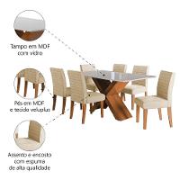 Conjunto De Mesa Sala De Jantar Tampo Com Vidro 1,60m Grécia 6 Cadeiras Creta Dobuê Madeirado / Bege - 5