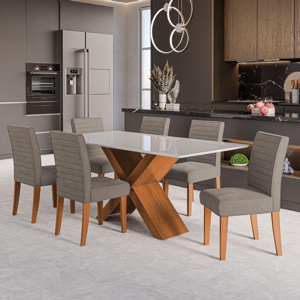 Conjunto De Mesa Sala De Jantar Tampo Com Vidro 1,60m Grécia 6 Cadeiras Creta Dobuê Madeirado/mascavo - 2