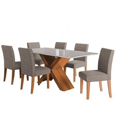 Conjunto De Mesa Sala De Jantar Tampo Com Vidro 1,60m Grécia 6 Cadeiras Creta Dobuê Madeirado/mascavo