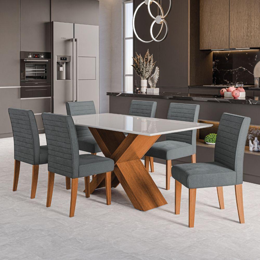 Conjunto De Mesa Sala De Jantar Tampo Com Vidro 1,60m Grécia 6 Cadeiras Creta Dobuê Madeirado/grafite - 2