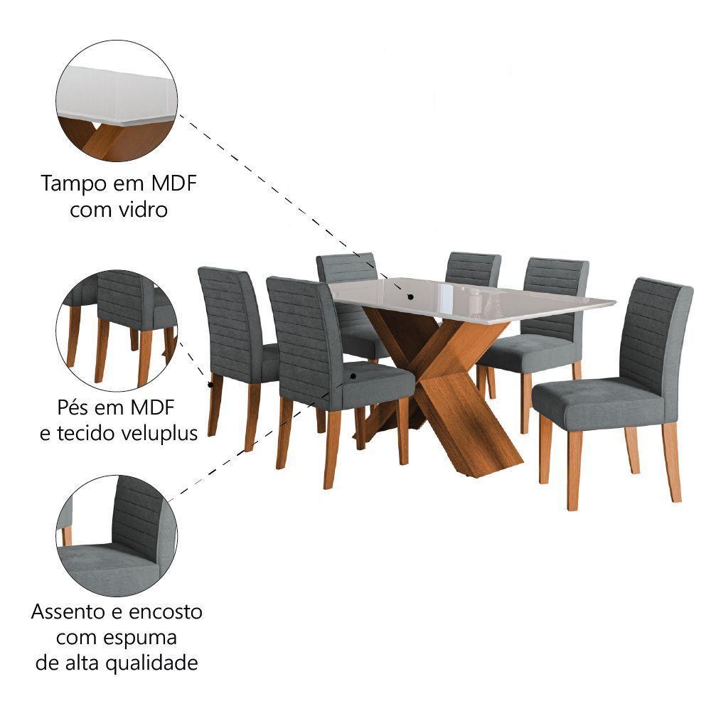 Conjunto De Mesa Sala De Jantar Tampo Com Vidro 1,60m Grécia 6 Cadeiras Creta Dobuê Madeirado/grafite - 5