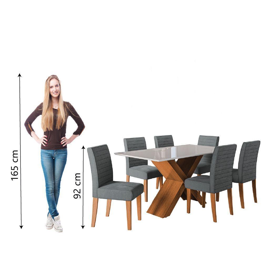 Conjunto De Mesa Sala De Jantar Tampo Com Vidro 1,60m Grécia 6 Cadeiras Creta Dobuê Madeirado/grafite - 6