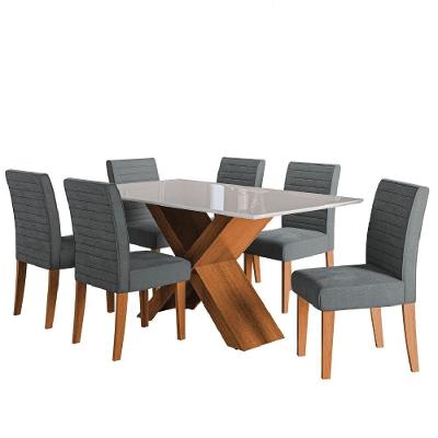 Conjunto De Mesa Sala De Jantar Tampo Com Vidro 1,60m Grécia 6 Cadeiras Creta Dobuê Madeirado/grafite