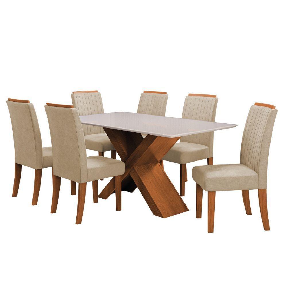 Conjunto De Mesa Sala De Jantar Tampo Com Vidro 1,60m 6 Cadeiras Grécia Dobuê Madeirado / Bege - 1