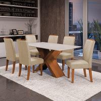 Conjunto De Mesa Sala De Jantar Tampo Com Vidro 1,60m 6 Cadeiras Grécia Dobuê Madeirado / Bege - 2