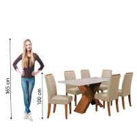 Conjunto De Mesa Sala De Jantar Tampo Com Vidro 1,60m 6 Cadeiras Grécia Dobuê Madeirado / Bege - 6