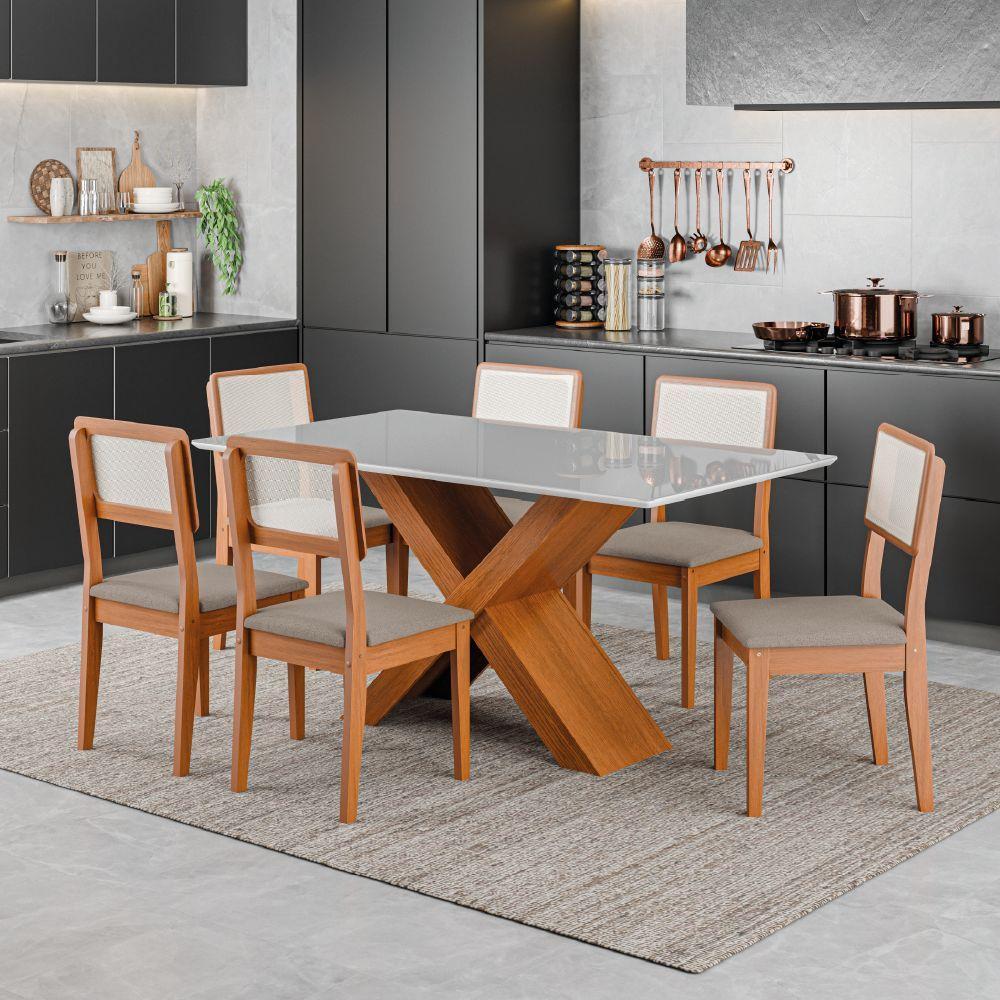 Conjunto De Mesa Sala De Jantar Tampo Com Vidro 1,60m Grécia 6 Cadeiras Santiago Dobuê Madeirado Off White - 2