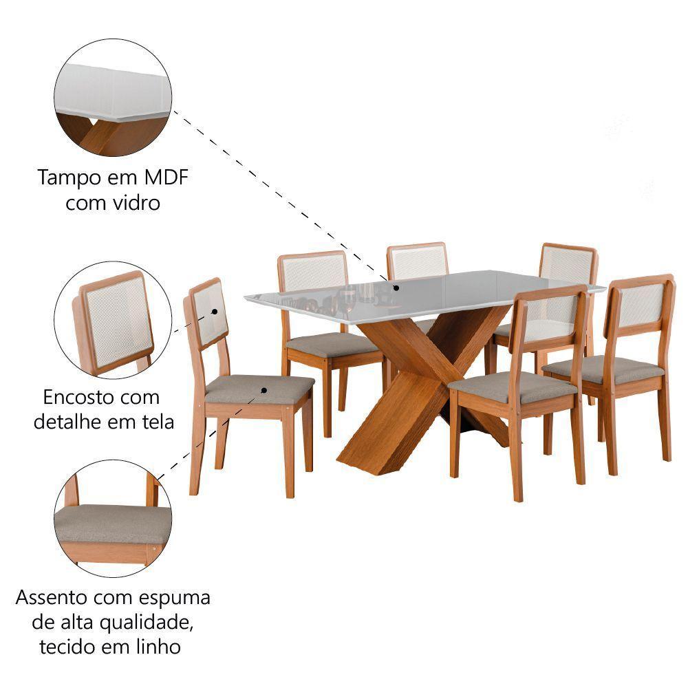 Conjunto De Mesa Sala De Jantar Tampo Com Vidro 1,60m Grécia 6 Cadeiras Santiago Dobuê Madeirado Off White - 5