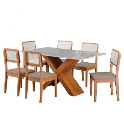 Conjunto de Mesa Sala de Jantar Grécia 6 Lugares Tampo em MDF com Vidro Off White 1 e 60m