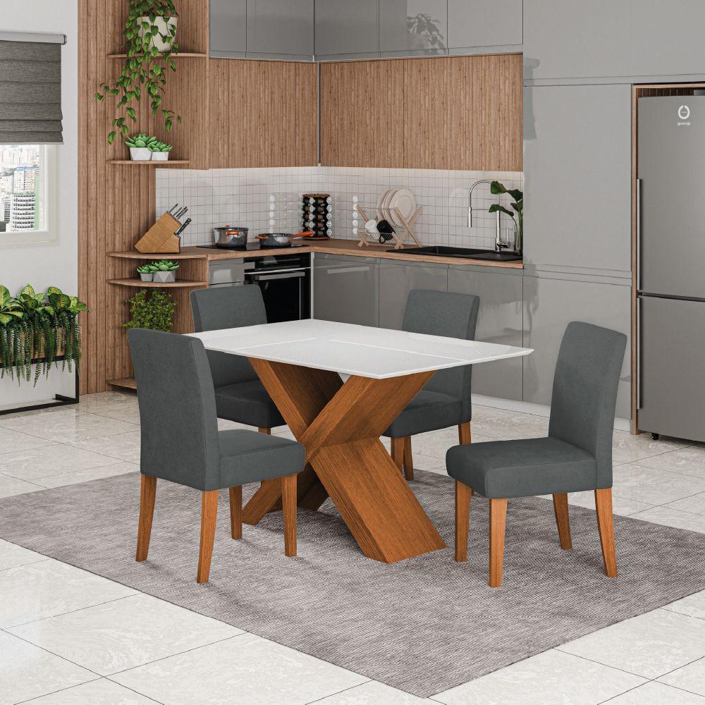 Conjunto De Mesa Sala De Jantar Tampo Com Vidro 1,36m Grécia 4 Cadeiras Trieste Dobuê Madeirado Grafite - 2